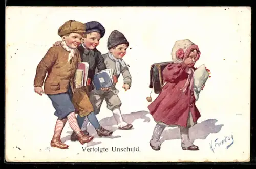 Künstler-AK Karl Feiertag: Jungen verfolgen ein weinendes Schulmädchen, Verfolgte Unschuld