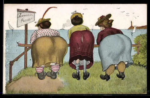 Künstler-AK Willi Scheuermann: Dicke Damen bewundern die schöne Aussicht auf das Meer