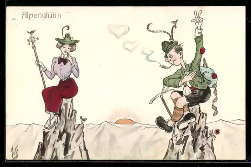 Künstler-AK Willi Scheuermann: Alpenglühen, Wanderer mit Zigarette schwört einer Frau