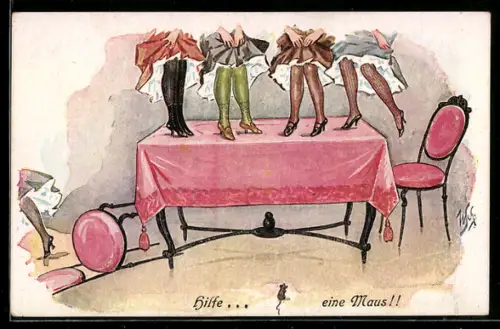 Künstler-AK Willi Scheuermann: Hilfe... eine Maus!, erschrockende Damen auf Tisch