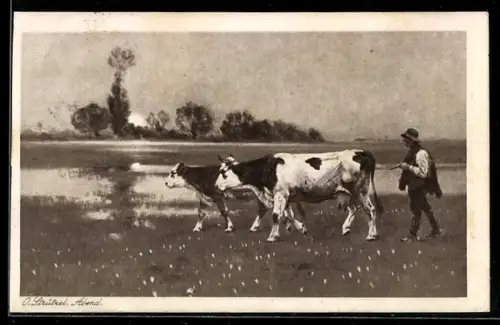 Künstler-AK Otto Strützel: Bauer treibt das Vieh über die Weide