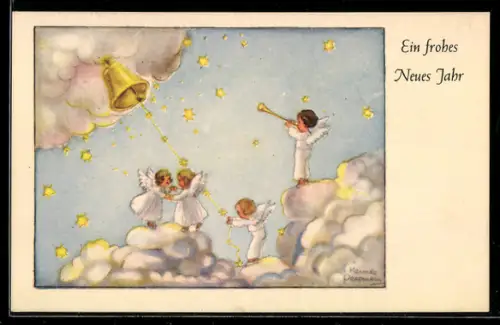 Künstler-AK Hannes Petersen: Neujahrsengel mit Glocke und Sternen in den Wolken, Ein frohes Neues Jahr