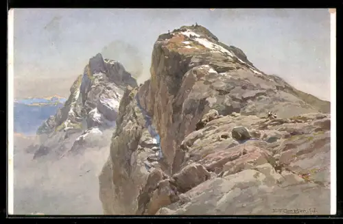Künstler-AK Edward Theodore Compton: Watzmann, Bergsteiger beim Gipfelaufstieg