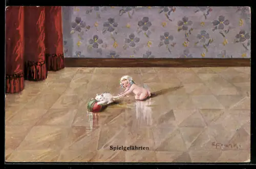 Künstler-AK Elly Frank: Kind spielt mit einem weissen Kätzchen