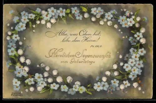 Künstler-AK Hannes Petersen: Maiglöckchen und blaue Blüten bilden einen Kranz, Segenswunsch zum Geburtstag