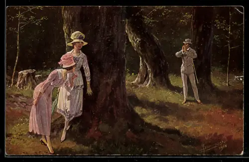 Künstler-AK R. Borrmeister: Junger Mann und Damen beim Versteckspiel im Wald, Heiteres Spiel