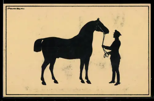 Künstler-AK Alwin Freund: Reiter hält sein Pferd am Zügel