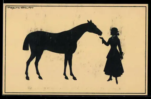 Künstler-AK Alwin Freund: Reiterin gibt ihrem Pferd ein Zückerli