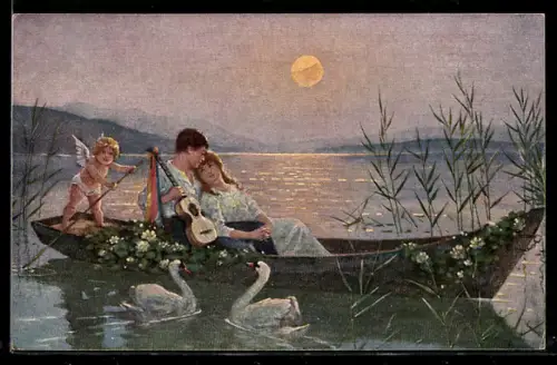 Künstler-AK Ernst Schlemo: Verliebtes Paar wird von Amor über den See gerudert, Unter Amors Führung