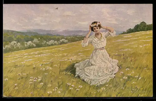 Künstler-AK Alfred Mailick: Junge Frau mit Blumenkranz auf der Wiese, Die Blumenfee
