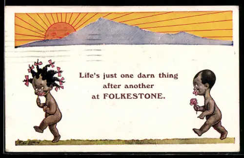 Künstler-AK Frederic G. Lewin: Afrikanischer Junge bringt dem Mädchen eine Blume