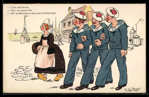 Künstler-AK V. Spahn: Matrosen betrachten eine junge Frau mit Holzschuhen