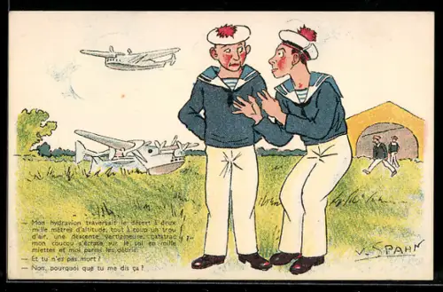 Künstler-AK V. Spahn: Matrosen betrachten die Flugzeuge auf dem Flugplatz