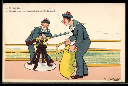 Künstler-AK V. Spahn: Matrose lehnt auf dem Geschütz an Deck eines Schiffes