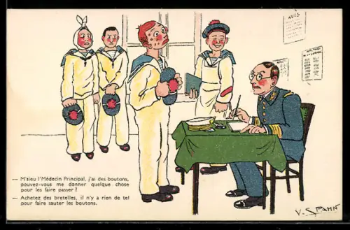 Künstler-AK V. Spahn: Kranke Matrosen werden beim Schiffsarzt vorstellig