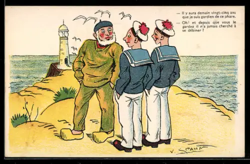 Künstler-AK V. Spahn: Matrosen im Gespräch mit dem Leuchtturmwärter