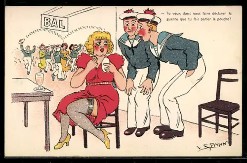 Künstler-AK V. Spahn: Matrosen im Gespräch mit einer Dame in einem Tanz-Etablissement