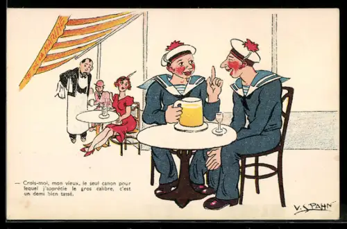 Künstler-AK V. Spahn: Matrosen sitzen mit Bier und Likör in einem Café