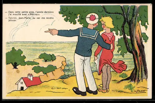 Künstler-AK V. Spahn: Matrose zeigt seinem Liebchen das Meer