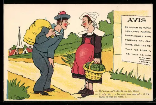 Künstler-AK V. Spahn: Matrose spricht mit seiner schwangeren Freundin