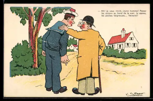 Künstler-AK V. Spahn: Älterer Herr spricht zu dem Matrosen auf der Strasse