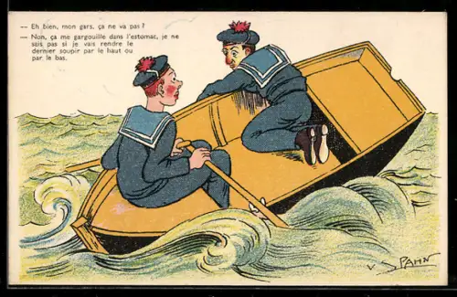 Künstler-AK V. Spahn: Matrosen sitzen in stürmischer See in einem Ruderboot und werden seekrank