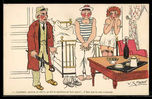 Künstler-AK V. Spahn: Ehemann erwischt seine Frau in flagranti mit einem Matrosen