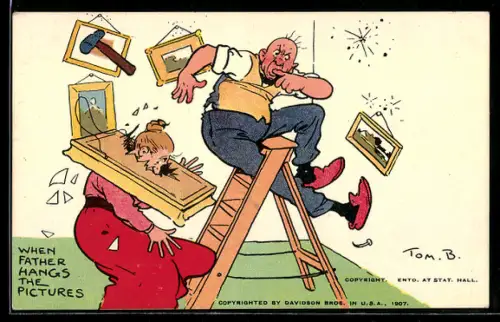 Künstler-AK Tom Browne: Wehen father hangs the pictures, Vater hängt bilder auf