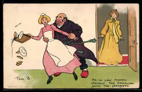 Künstler-AK Tom Browne: Hausherr wird zudringlich und umarmt das erschrockene Dienstmädchen