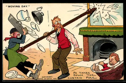 Künstler-AK Tom Browne: Männer stiften Chaos beim Umzug, Moving Day