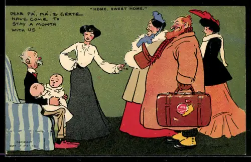 Künstler-AK Tom Browne: Home Sweet Home, Frau stellt ihrem Schwiegervater ihre Familie vor