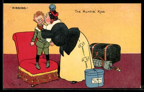 Künstler-AK Tom Browne: Tante küsst ihren Neffen zum Abschied