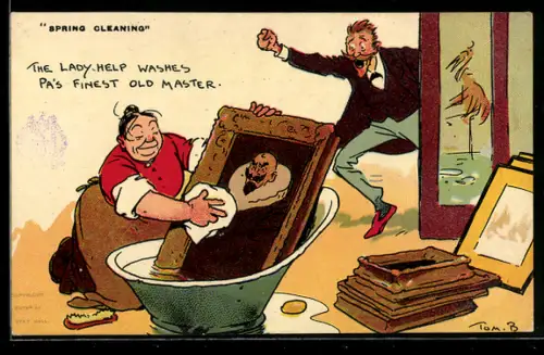 Künstler-AK Tom Browne: Spring Cleaning, The Lady Help Washes Pa`s Finest Old Master
