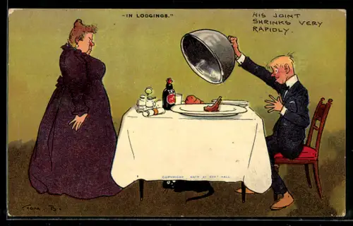 Künstler-AK Tom Browne: In Lodgings, His Joint shrinks very rapidly, Scherz