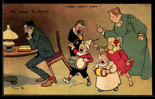 Künstler-AK Tom Browne: Vater versucht trotz der lärmenden Kinder zu lesen