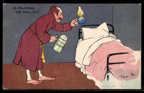 Künstler-AK Tom Browne: Mann macht Jagd auf die Flöhe in seinem Bett