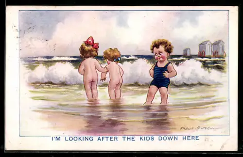 Künstler-AK Fred Spurgin: Junge beobachtet die nackten Mädchen am Meer