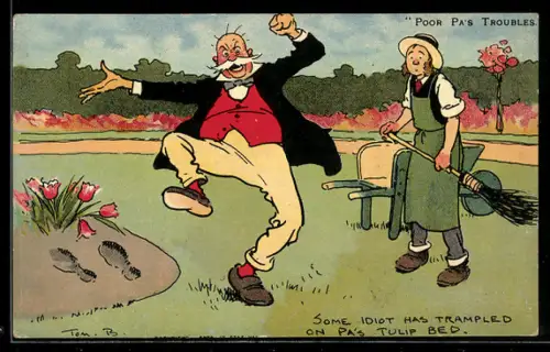 Künstler-AK Tom Browne: Mann ärgert sich über das zertrampelte Tulpenbeet