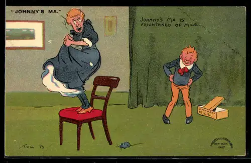 Künstler-AK Tom Browne: Johnnies Mutter hat Angst vor Mäusen