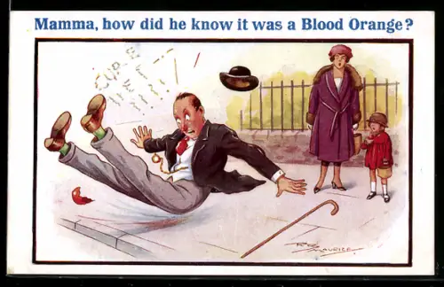 Künstler-AK Maurice: Mann rutscht auf einer Blutorange aus