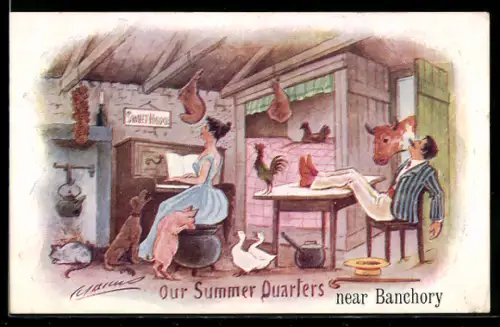 Künstler-AK Cynicus: Mann lauscht in der Scheune seiner Frau am Klavier