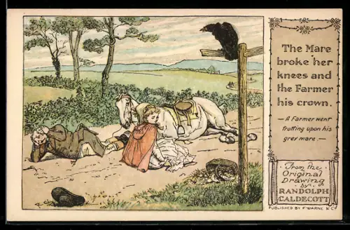 Künstler-AK Randolph Caldecott: Mann und Frau liegen nach einem Unfall mit einem Pferd auf der Landstrasse