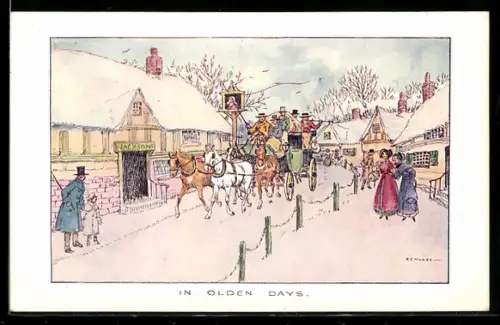 Künstler-AK Florence Hardy: Menschen betrachten die einfahrende Postkutsche