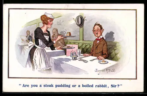 Künstler-AK Donald McGill: Kellnerin fragt den Herrn, welches Gericht er bestellt hat