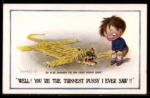 Künstler-AK Donald McGill: Kleiner Junge betrachtet das Tigerfell auf dem Boden