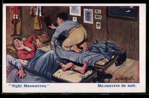 Künstler-AK Donald McGill: Männer kämpfen nachts gegen die Flöhe