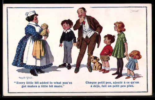 Künstler-AK Donald McGill: Kinderschwester präsentiert dem Vater und den Geschwistern den Familienzuwachs