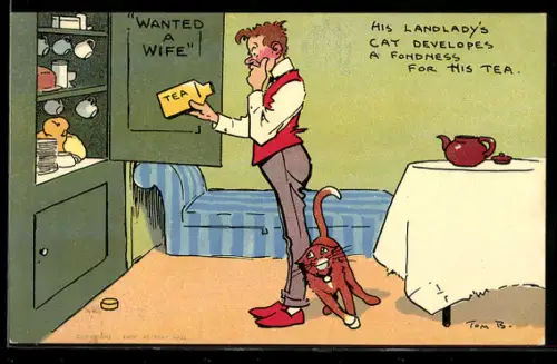 Künstler-AK Tom Browne: Mann betrachtet die leere Teedose