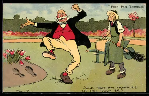 Künstler-AK Tom Browne: Mann ärgert sich über das zerstörte Tulpenbeet