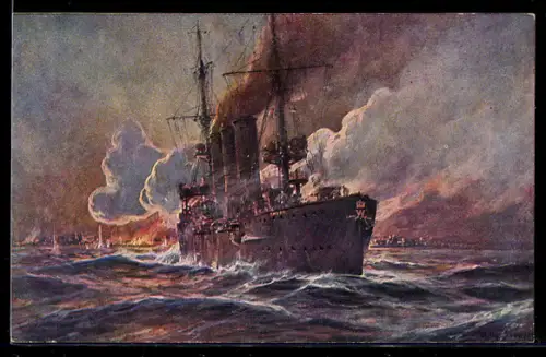 Künstler-AK Stoewer: Kreuzer Emden bei der Beschiessung von Madras